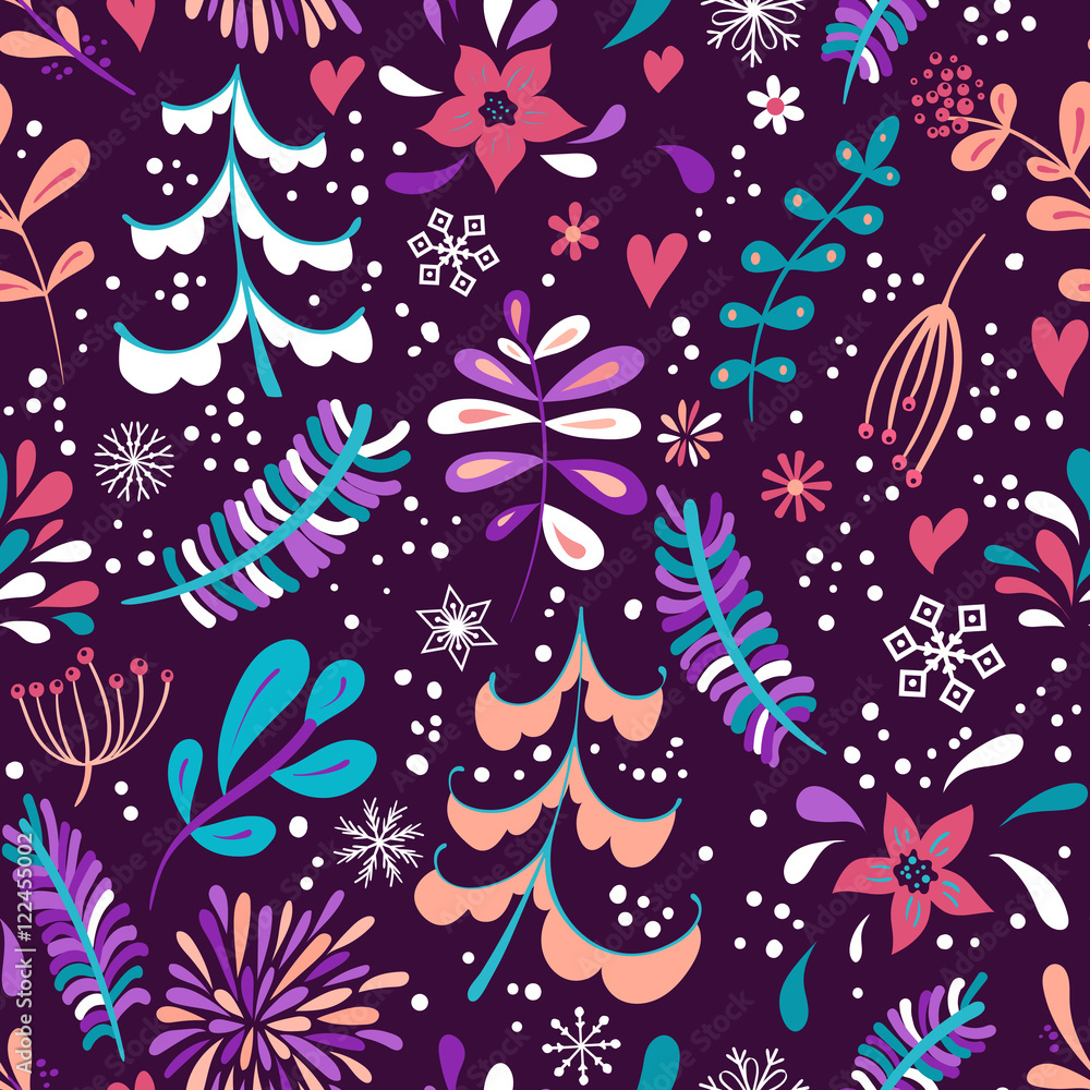 Winter flowers and snowflakes seamless pattern Winter flowers and snowflakes seamless pattern