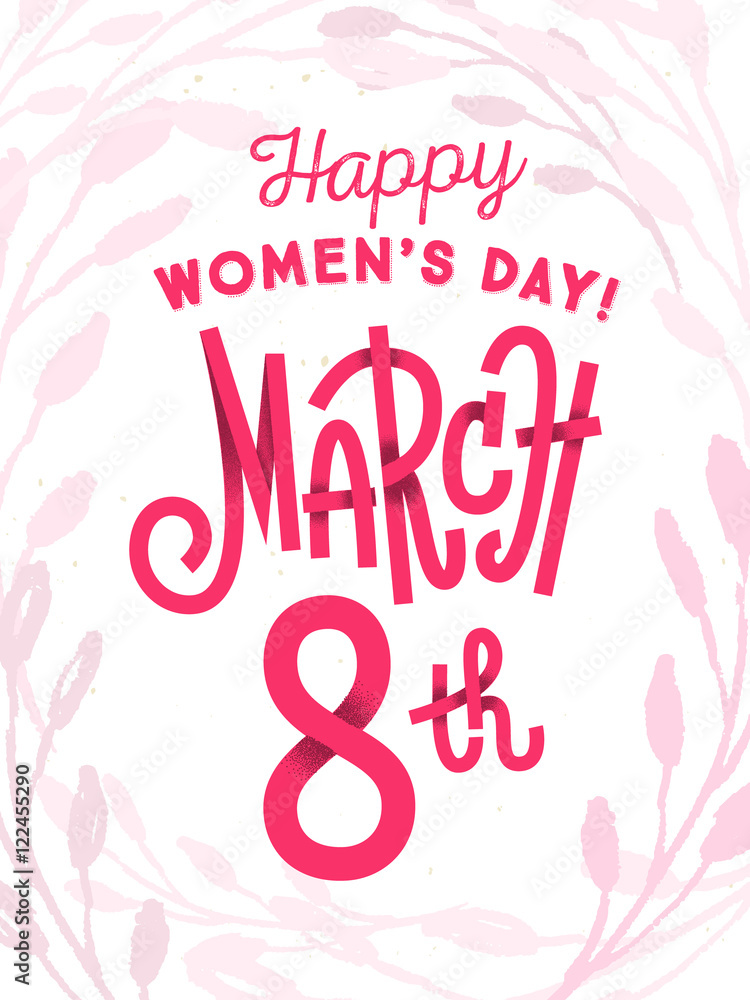 Happy 8th of March, the international women's day, girly greeting card with fun red lettering on white