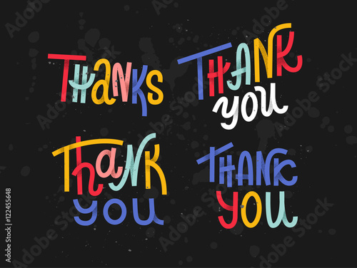 Collection of four custom colorful pieces of Thank you lettering, fun style words on dark background