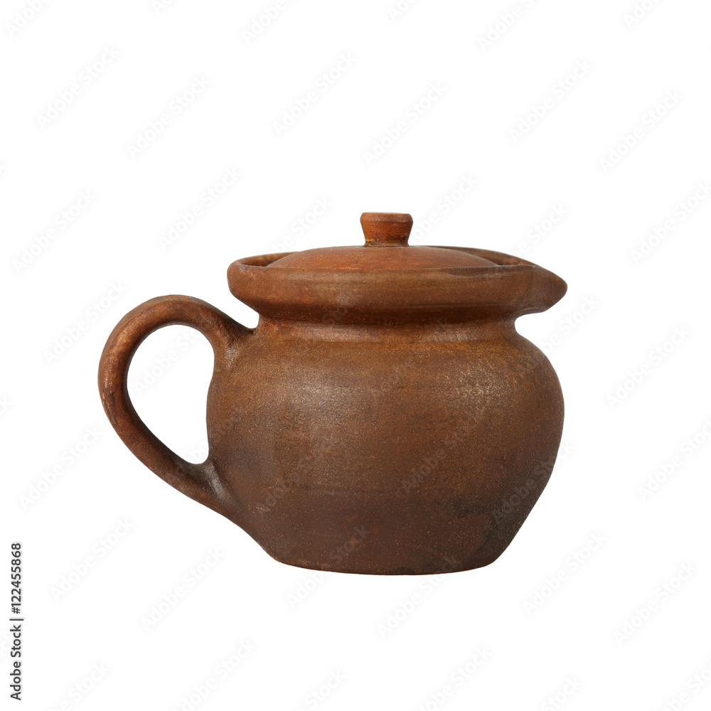 Brown ceramic creamer pot isolated on white background - pottery art