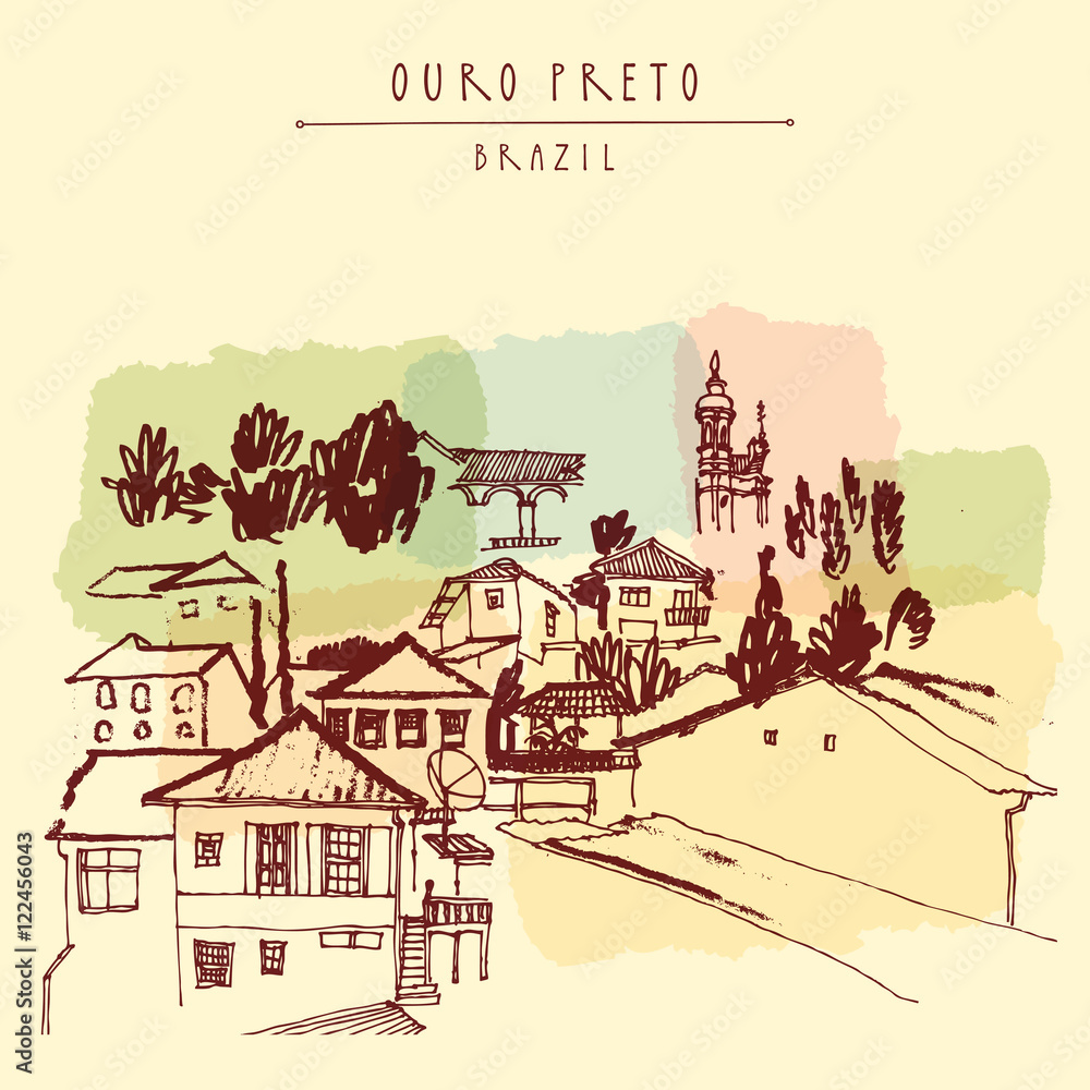 Houses and churches on the hills of Ouro Preto gorgeous town, Minas Gerais state, Brazil, South America. Vintage hand drawn postcard, book illustration or poster Houses and churches on the hills of Ouro Preto gorgeous town, Minas Gerais state, Brazil, South America. Vintage hand drawn postcard, book illustration or poster