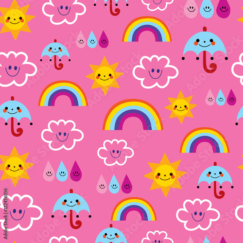 sun umbrellas raindrops clouds rainbows characters weather pink sky seamless pattern