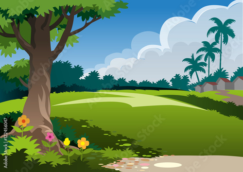 Vector illustration, landscape meadow on the edge of a small village with foreground shade trees.