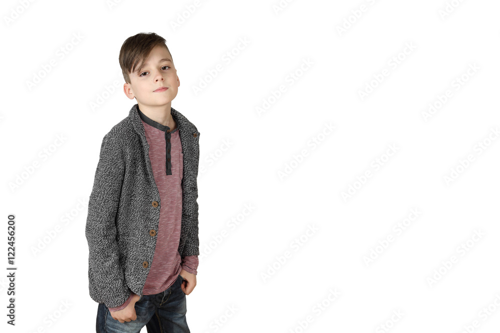 Teenage boy stands isolated on white background with copy space for text Teenage boy stands isolated on white background with copy space for text