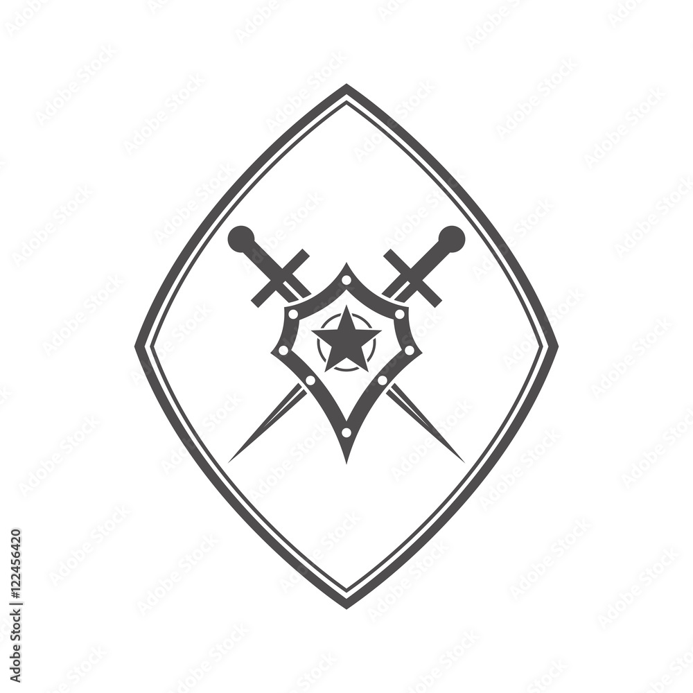 Abstract vector icon - shield and sword.Black shield and sword on a white background. Abstract vector icon - shield and sword.Black shield and sword on a white background.