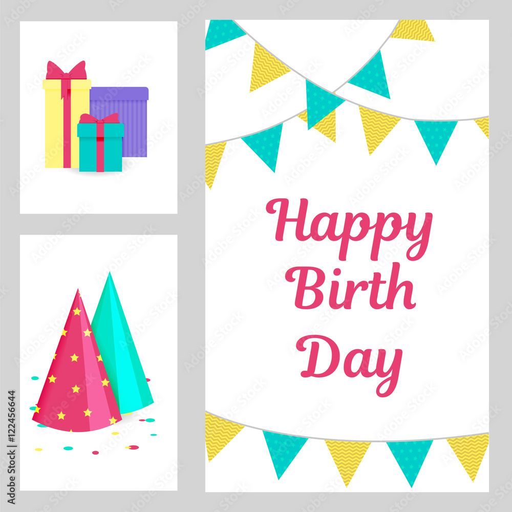 Birthday, greeting and invitation card with gifts, party hat and