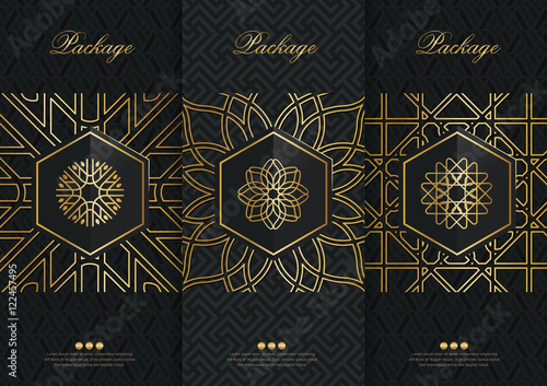 Vector set of templates packaging, black labels and frames for packaging for luxury products in trendy linear style,banner,identity, branding,golden pattern in trendy linear style, vector illustration