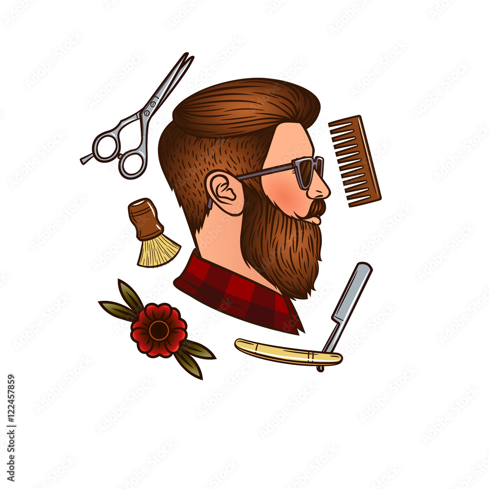 Vector man's face in profile in hipster style. Men's haircut. Accessories  for men haircut. Men's hair salon. Hipster, comb, razor, scissors, flower. Logo for the men's barber shop Stock Illustration | Adobe Stock