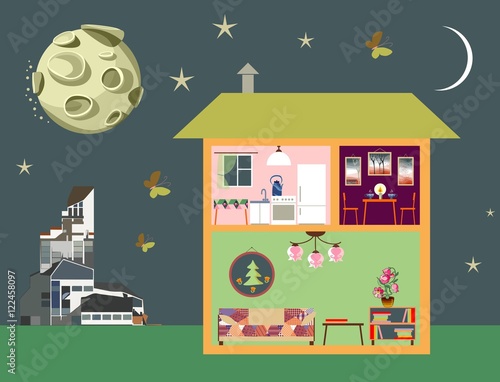 Night scene of town. Two-storey house in cut, modern building and moon on sky. Detailed home interior. Rooms with furniture. Vector illustration.