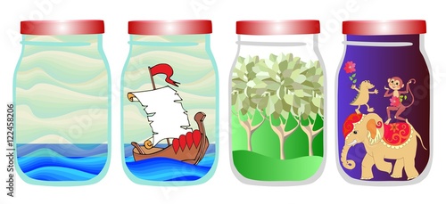 Save the memories of summer. Vector allegorical illustration with sea, ship, forest and tropical animals in jar. Elephant, monkey and crocodile.