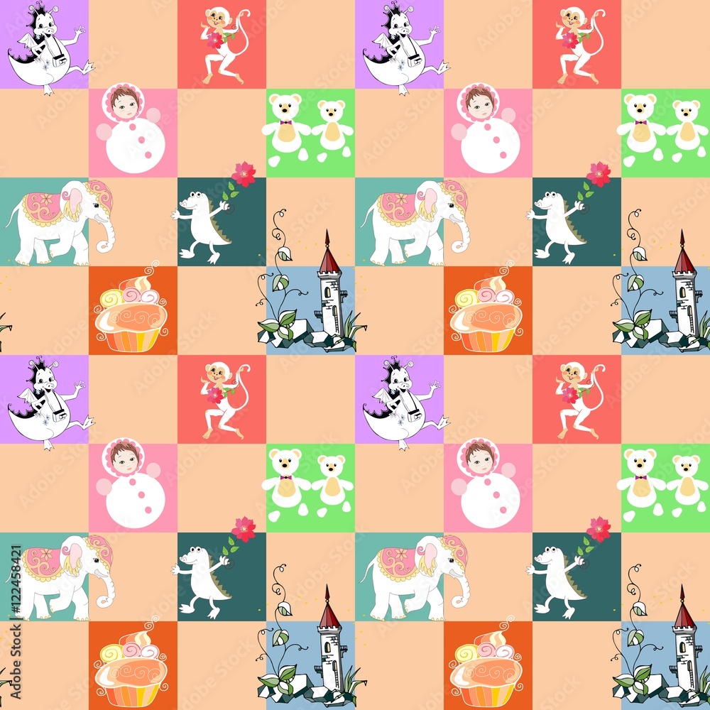 Obraz premium Patchwork for children. Vector animal seamless pattern with elephant, dragon, monkey, castle, crocodile, toys, and cake. Print for fabric.