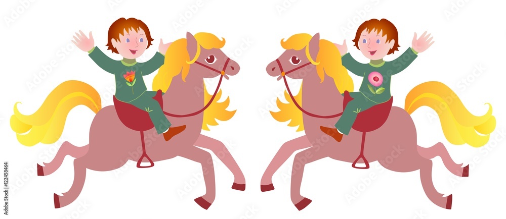 Two boys on horseback. Vector illustration. Horizontal composition