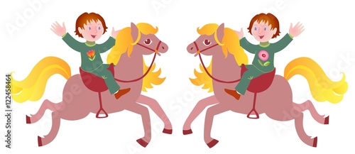 Two boys on horseback. Vector illustration. Horizontal composition