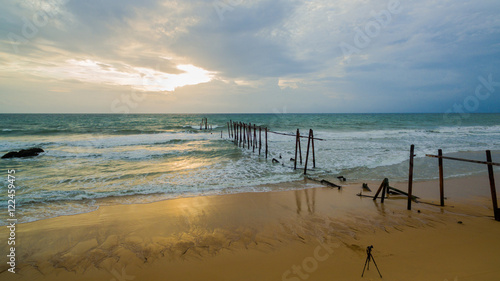 aerial photography the old broken pier made by wood  in the  Andaman sea locate on Phang Nga province Thailand