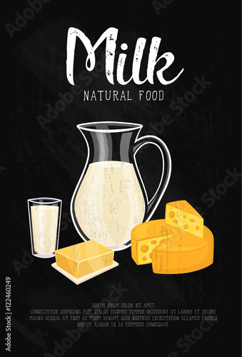 Glass jug with milk, cheese wheel and butter isolated on black background, vector illustration. Milk natural food banner. Nutritious and healthy products. Organic farmers products