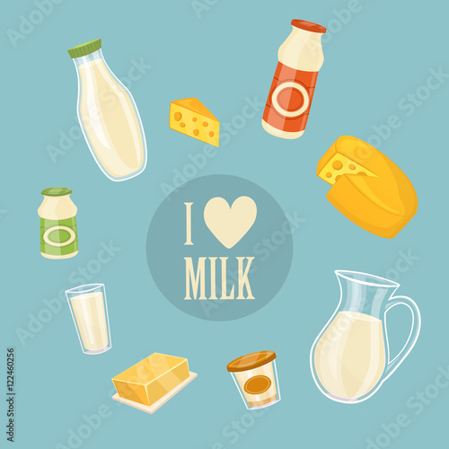 I love milk banner with different dairy products isolated on blue background, vector illustration. Nutritious and healthy milk products. Natural and healthy food. Organic farmers products