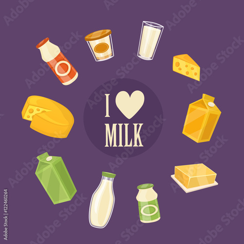 I love milk banner with different dairy products isolated on perpl background, vector illustration. Nutritious and healthy milk products. Natural and healthy food. Organic farmers products