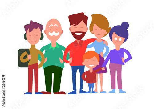 Family generations. Smiling father, mother, daughter, son, grandfather and grandmother standing in line iIsolated on white background vector illustration. Closest relatives. For family values concept