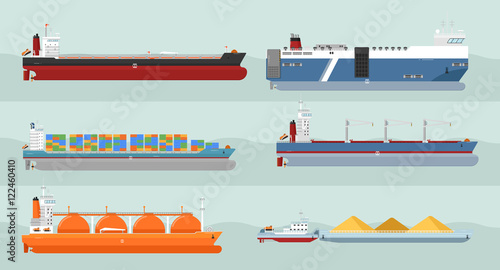 Set of cargo ships vectors. Flat design. Ferry, container, freighter, bulk, gas carriers, tugboat ships illustrations. Transatlantic carriage by merchant navy. For transport company ad, infographics