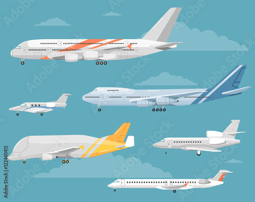 Modern types of aircraft. Airliners, personal jets, cargo plane vector illustrations on blue background with clouds. Collection of reactive passenger and airfreighter planes. For airline ad design