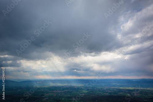 Sun rays over the Shenandoah Valley seen from Skyline Drive, in