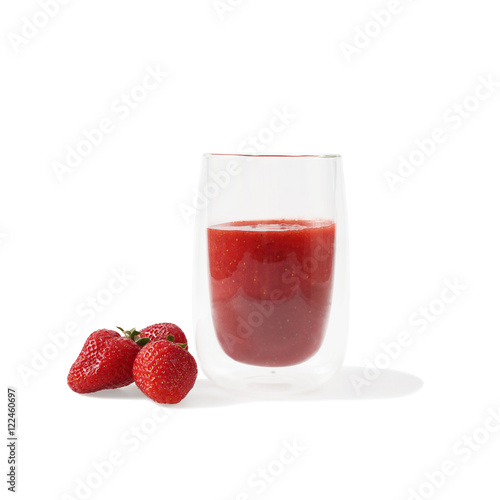 Strawberry smoothie beverage in glass with red berries isolated on square white background with shadow