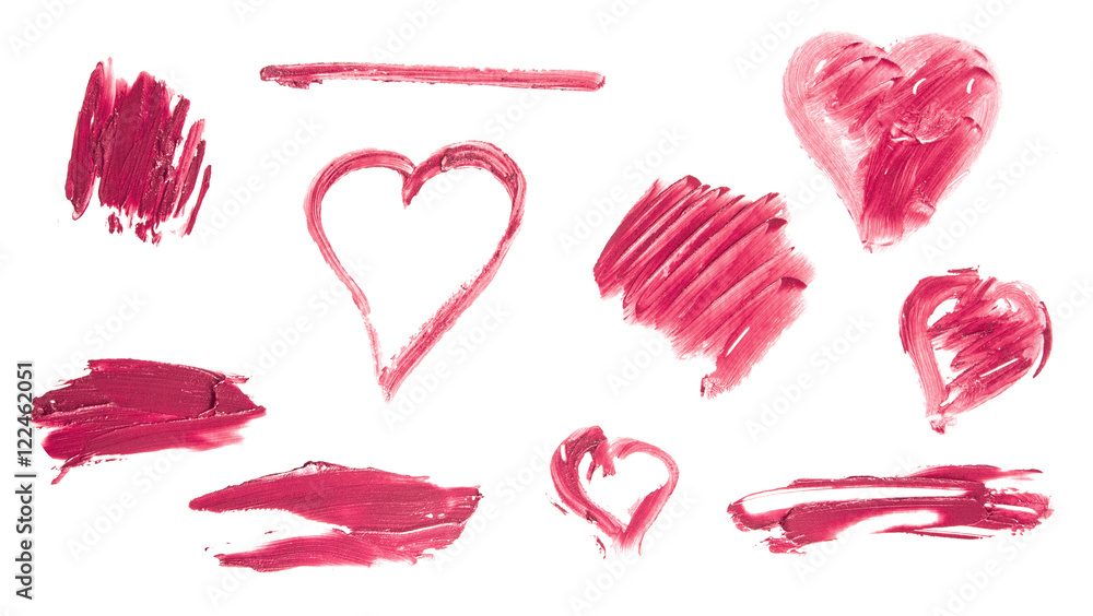 Set of hearts and smudges, drawn with red lipstick Set of hearts and smudges, drawn with red lipstick