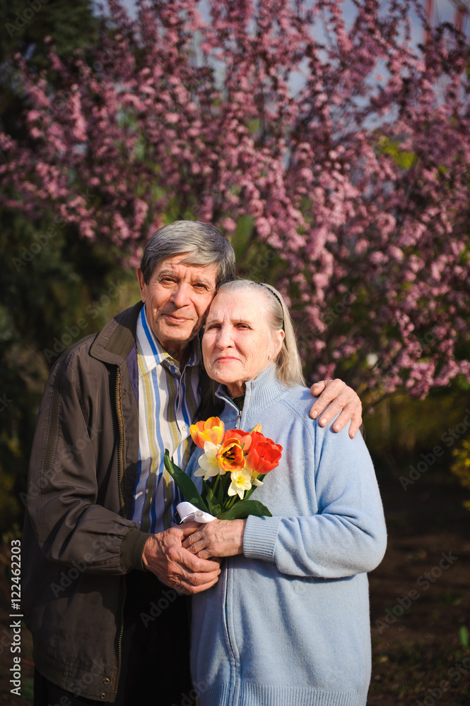 Fototapeta premium beautiful happy old people walking in the spring park