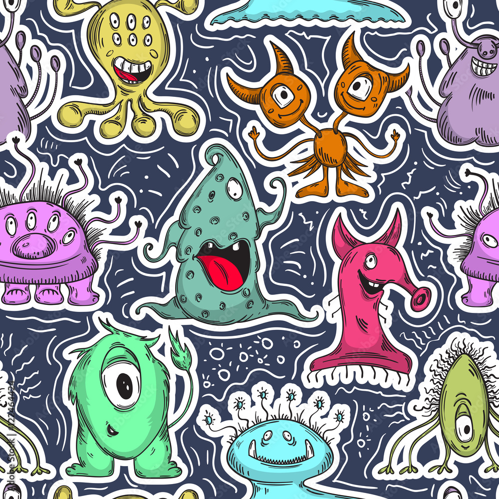 Seamless pattern with cute monsters. Cartoon characters. Colorful hand drawn vector illustration