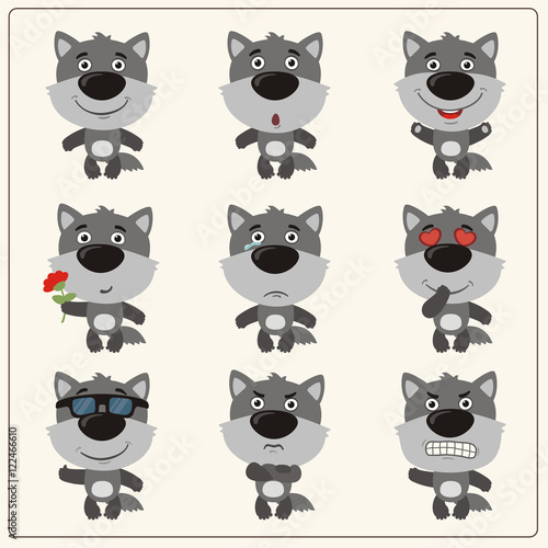 Vector set isolated emotion wolf. Collection cute wolf in cartoon style.