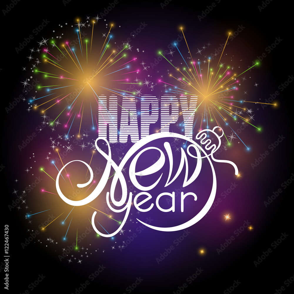 Obraz premium Lettering Happy New year on colorful fireworks background. Shape of text same as Xmas ball.