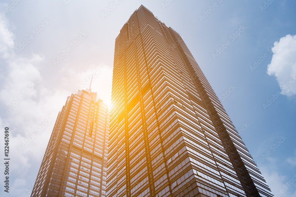 Obraz premium low angle view of modern metallic skyscrapers,suzhou,china.