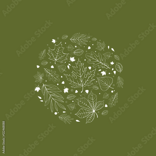 Autumn leaves design white outline on green background