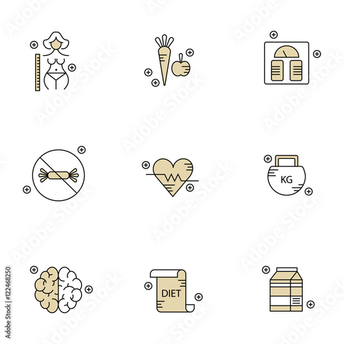 Diet, health and fitness vector icon set