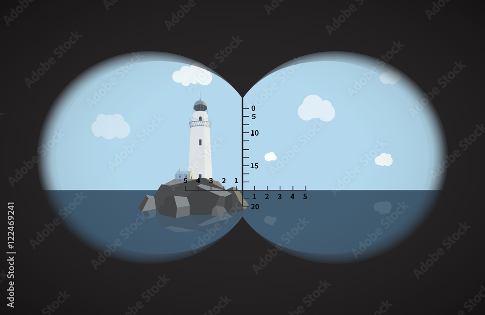 View from the binoculars on lighthouse at rocks in the sea