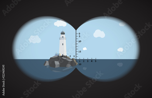 View from the binoculars on lighthouse at rocks in the sea