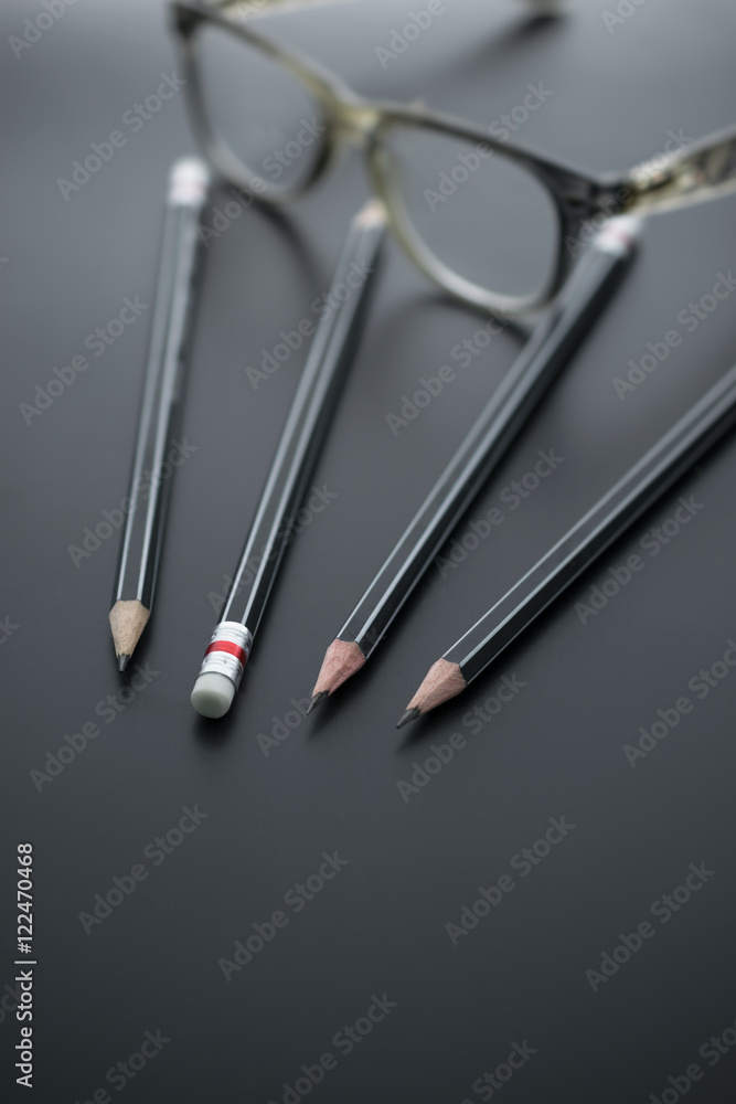 group of pencils on blackboard focus at pencil eraser, Concept s group of pencils on blackboard focus at pencil eraser, Concept s