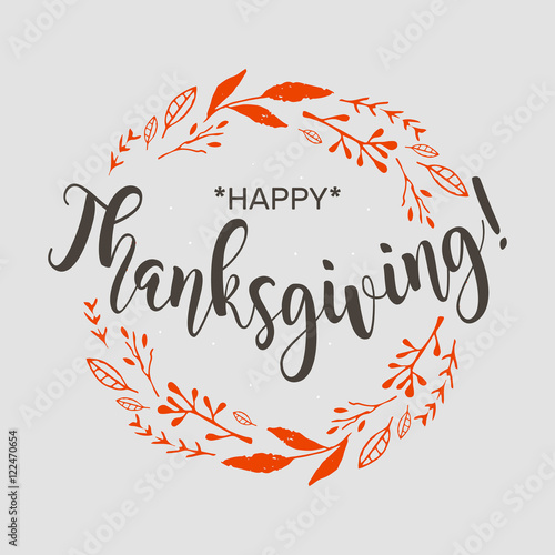 Happy Thanksgiving Day logotype flat design style. Round badge and icon, logo template, card, banner, flyer. Black label with orange branches on a gray background. Vector illustration