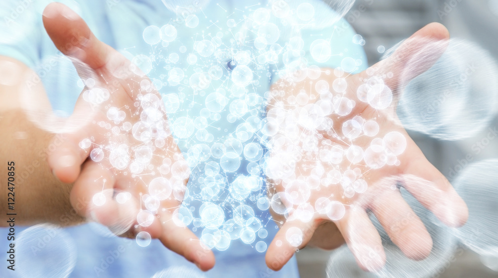 Businessman holding 3D rendering data network sphere in his hand Businessman holding 3D rendering data network sphere in his hand