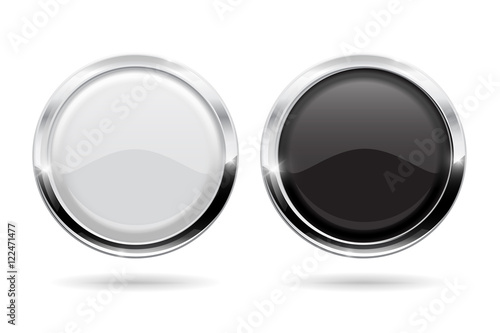 Round buttons with chrome frame. White and black icons