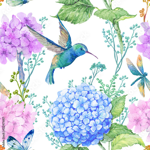 seamless pattern illustration in watercolor pattern ornament to textile design.Wallpaper watercolor hydrangea flowers and dragonflies and little blue Hummingbird