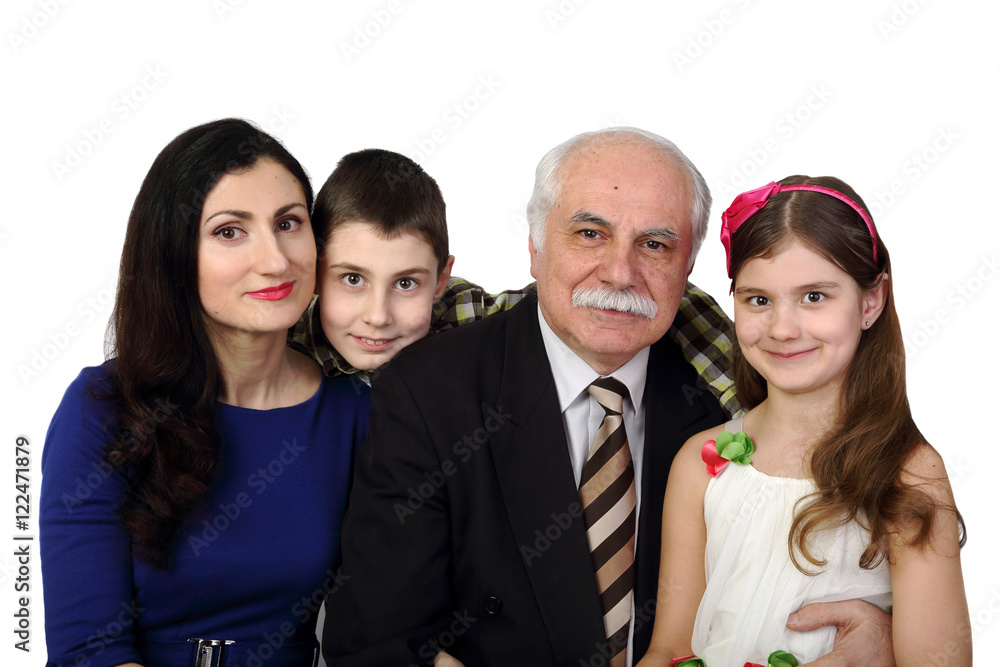 Old man, brunette woman, boy and girl - Three generations of one family ...