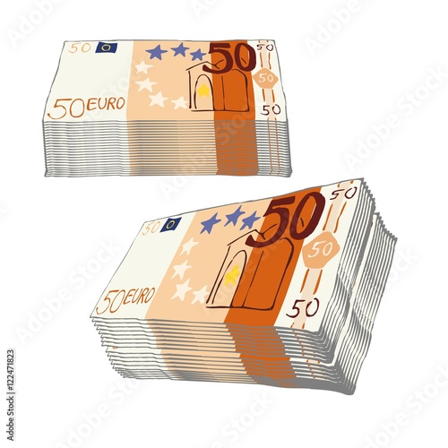 50 Euro Schein - Geld Banknoten Bündel Haufen - von Hand gezeichnet gemalt - Comic-Stil Comicart - freigtestellt Freisteller