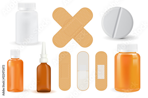 Medical set. Pills bottle, spray, adhesive bandage