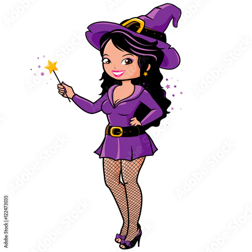 Beautiful Halloween witch holding her magic wand. Vector illustration