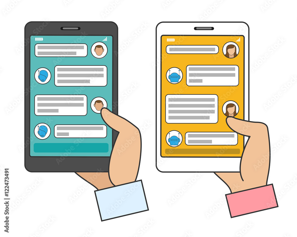 Chat bot connected. Man and woman chatting with AI chatbot in instant messenger on smartphone. Vector illustration Chat bot connected. Man and woman chatting with AI chatbot in instant messenger on smartphone. Vector illustration