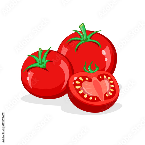 Tomato. Whole and half cut tomatoes. Vector cartoon illustration. Vegetables pile Isolated on White background