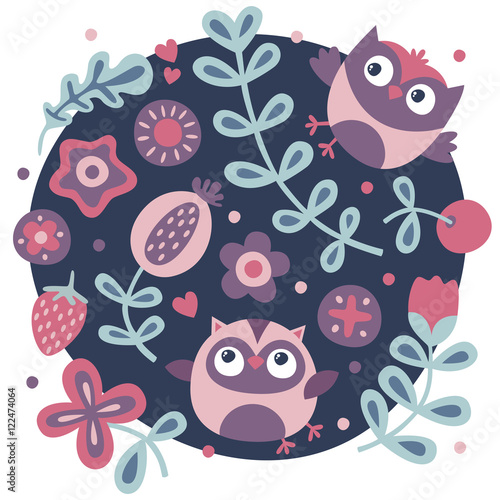 Cute set with owl, flowers, plants, leaf, berry, heart