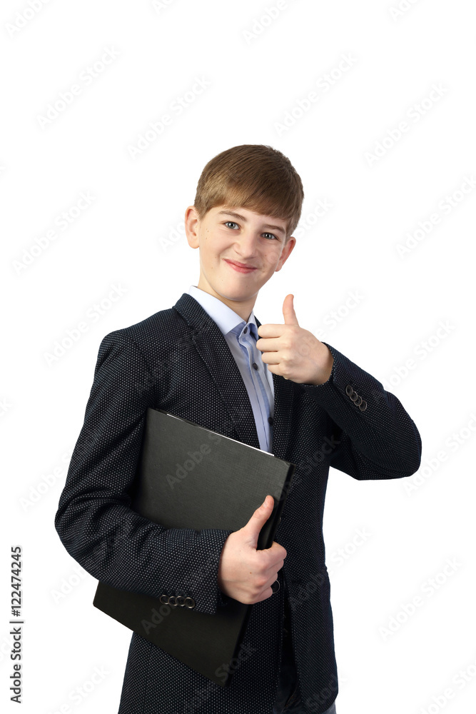 Teenage boy in business suit with folder in hands show thumbs up isolated on white background - Young manager Teenage boy in business suit with folder in hands show thumbs up isolated on white background - Young manager