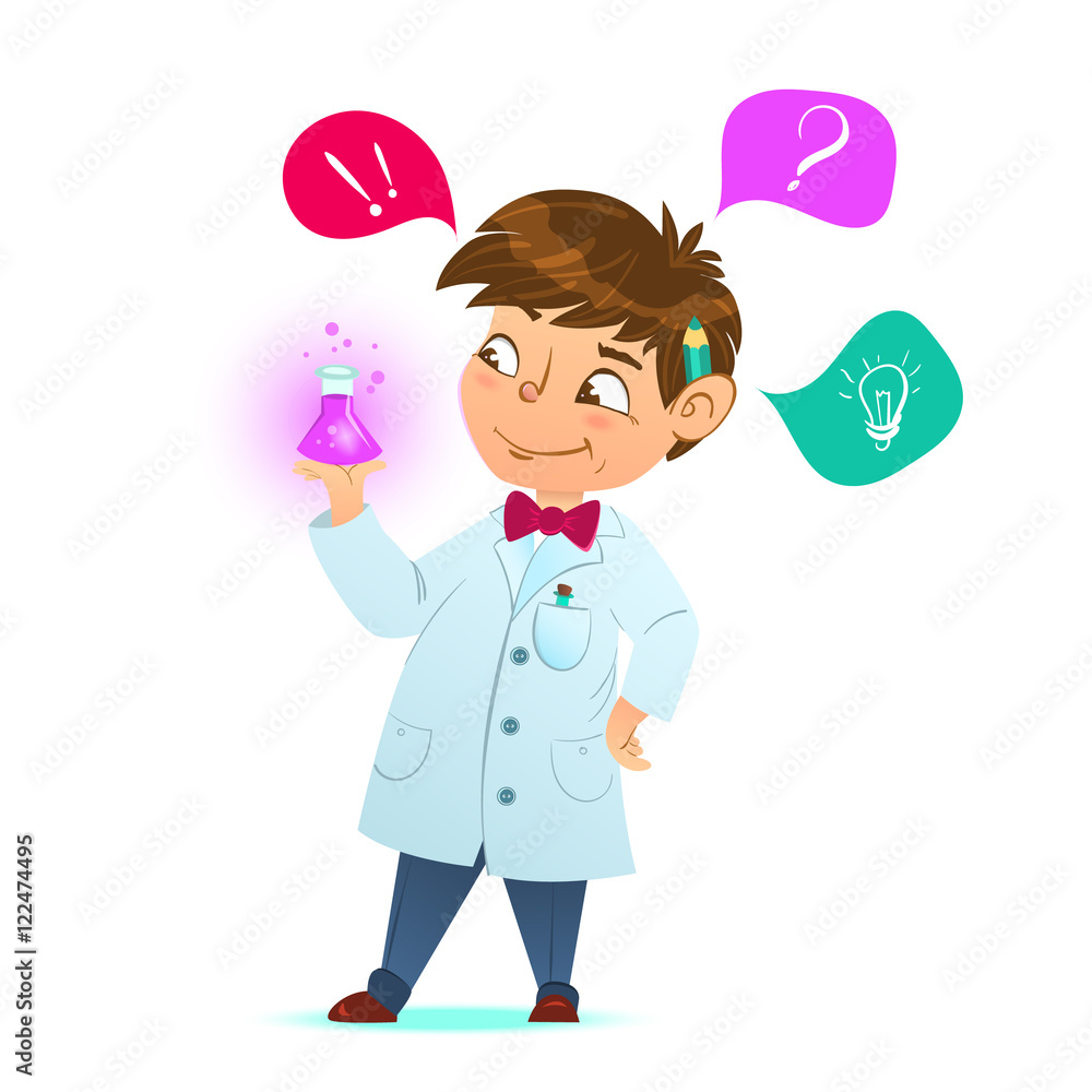 Cute little smart boy. The scientist. holding a test tube, holds chemical experiment. Cartoon character, mascot Cute little smart boy. The scientist. holding a test tube, holds chemical experiment. Cartoon character, mascot